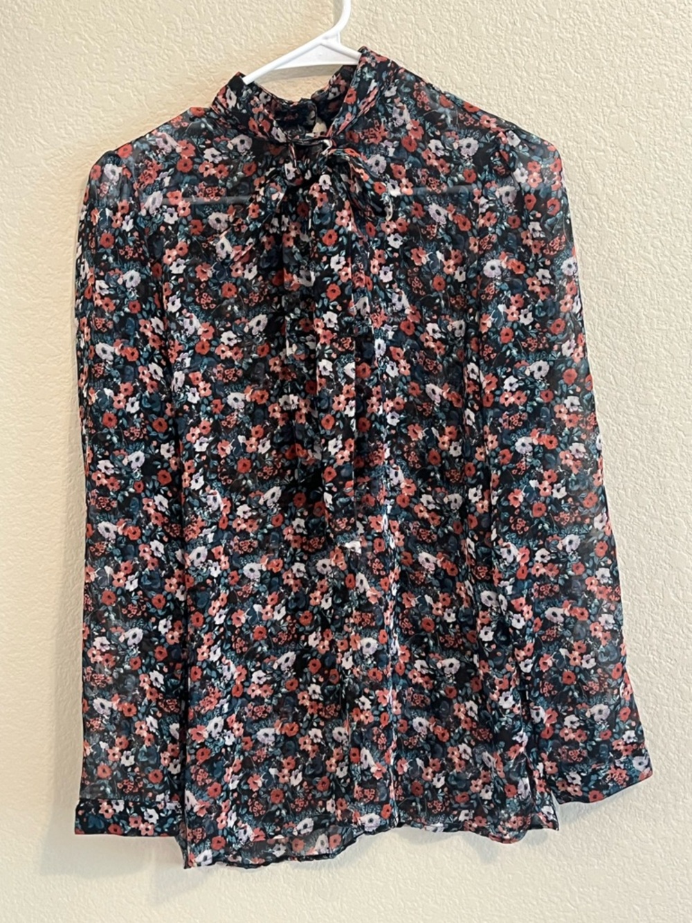 Zara Black Sheer Floral Tie-Neck Blouse with Pink and Cream Flowers